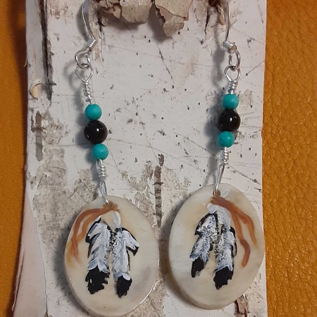 Deer Antler Earrings - Two Feathers with Turquoise Beads