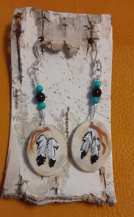 Deer Antler Earrings - Two Feathers with Turquoise Beads